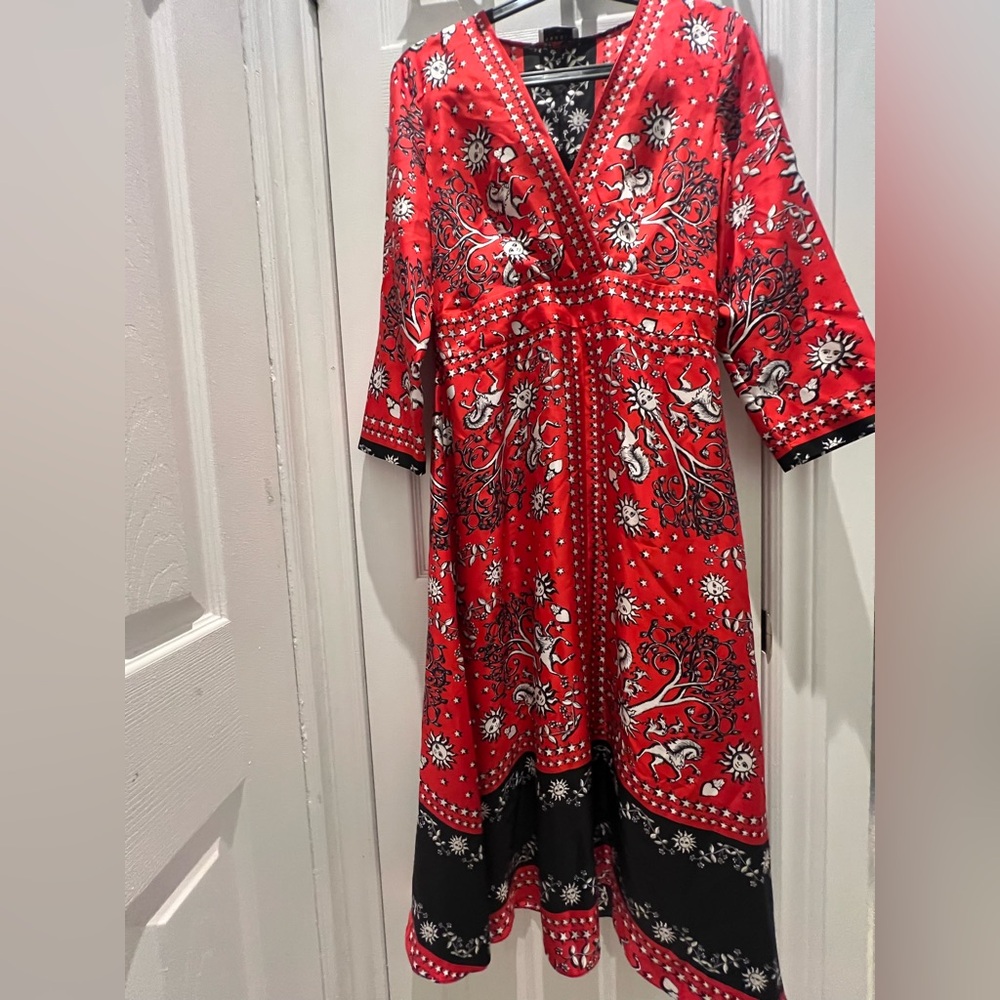 Sandro Red and Black Floral Silk Long Sleeve Dress
